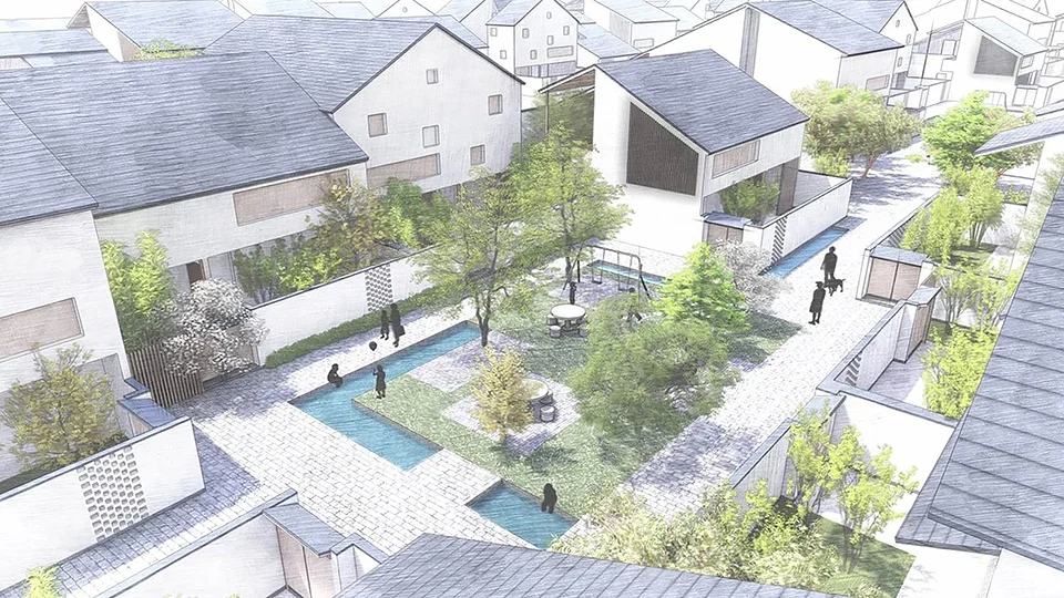 Aerial perspective hand-drawn rendering of a rural village revitalization plan with landscaped courtyards and water features.