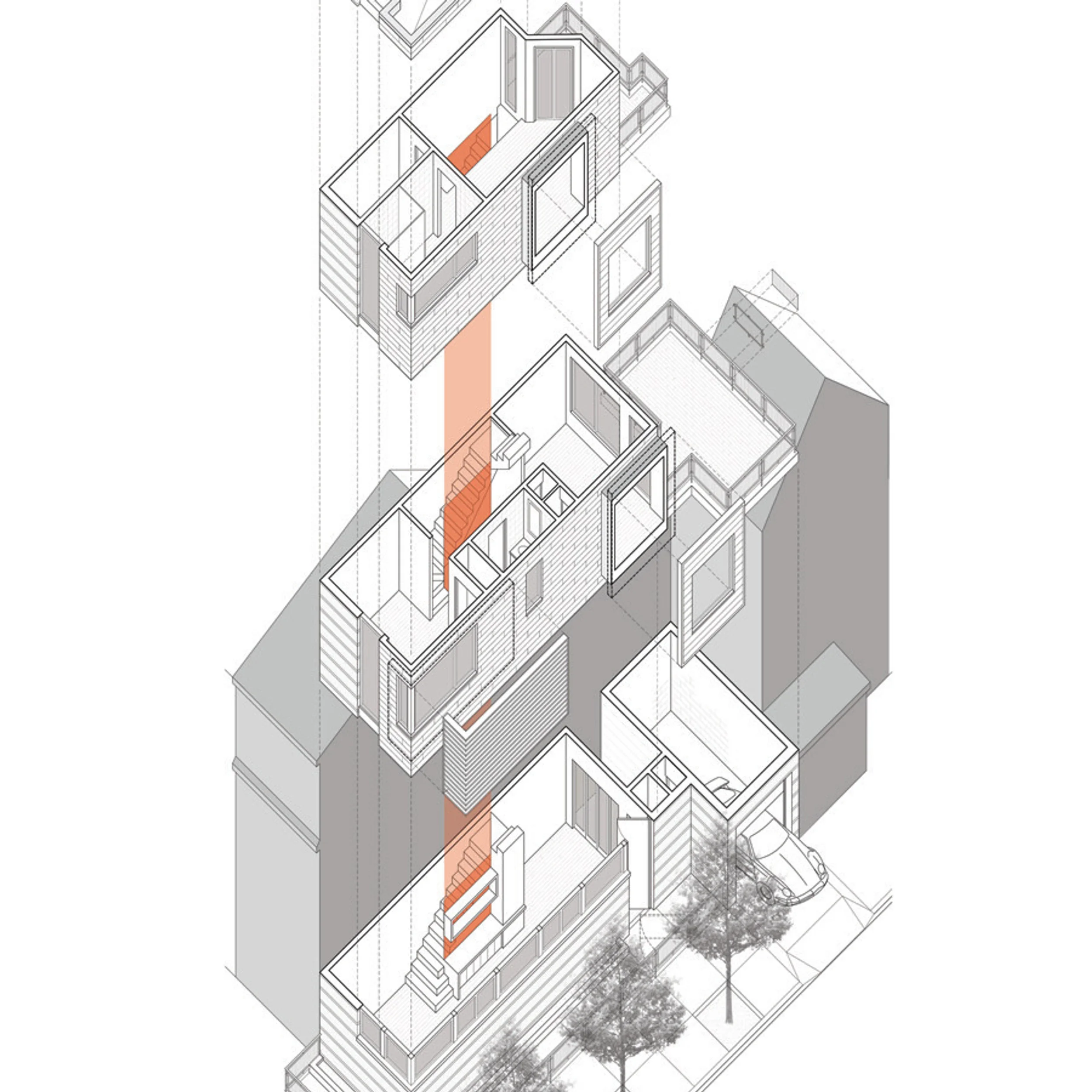 Axonometric exploded assembly drawing of a multi-level residential building by MVMK Architecture.