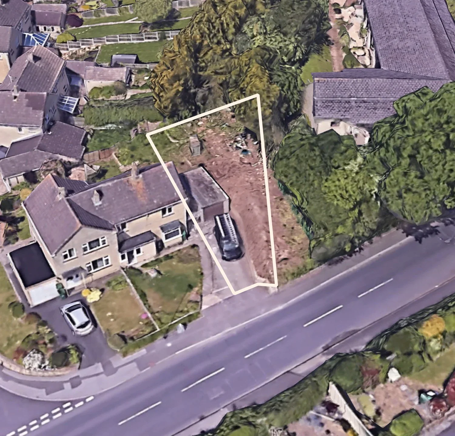 Aerial satellite map overlay with a highlighted infill plot outline for Lansdown by Caswell&Dainow.