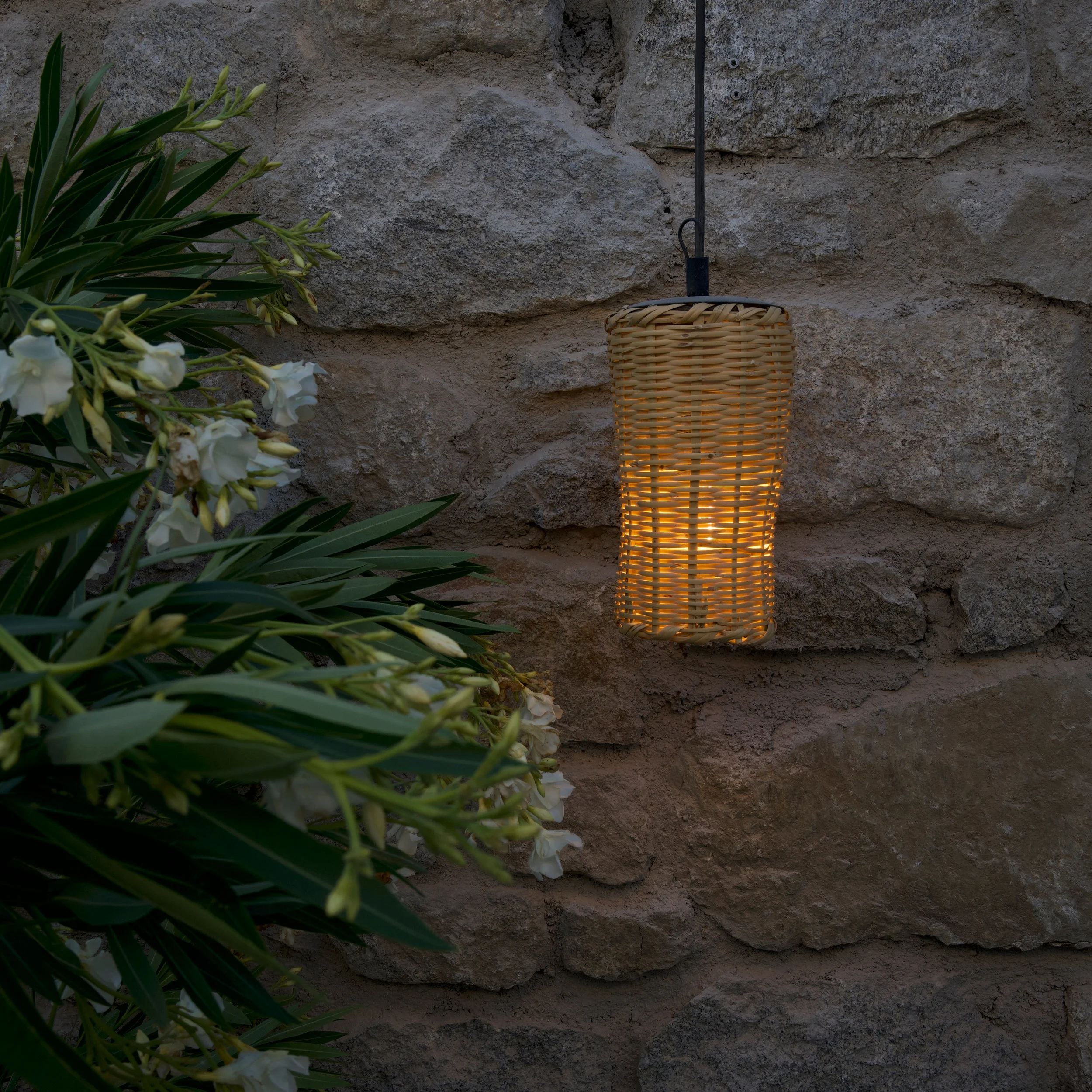 Woven rattan pendant light hanging against a textured stone wall next to oleander foliage by Pirajean Lees.