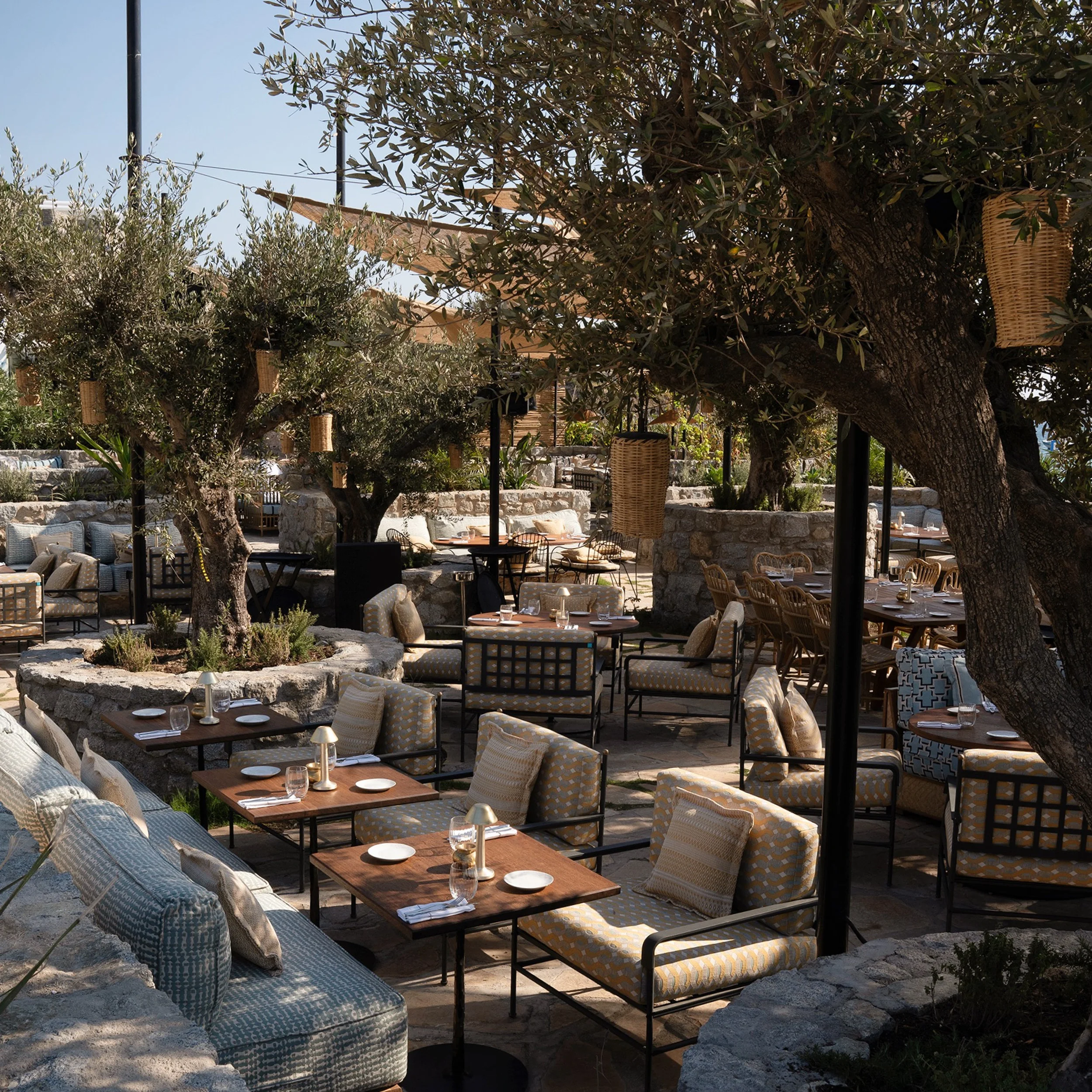 Outdoor dining terrace at La Cantine de Mykonos by Pirajean Lees, featuring olive trees, stone planters, and patterned lounge furniture.