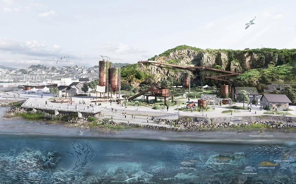 Conceptual sectional rendering of an industrial island waterfront park by antao安道.