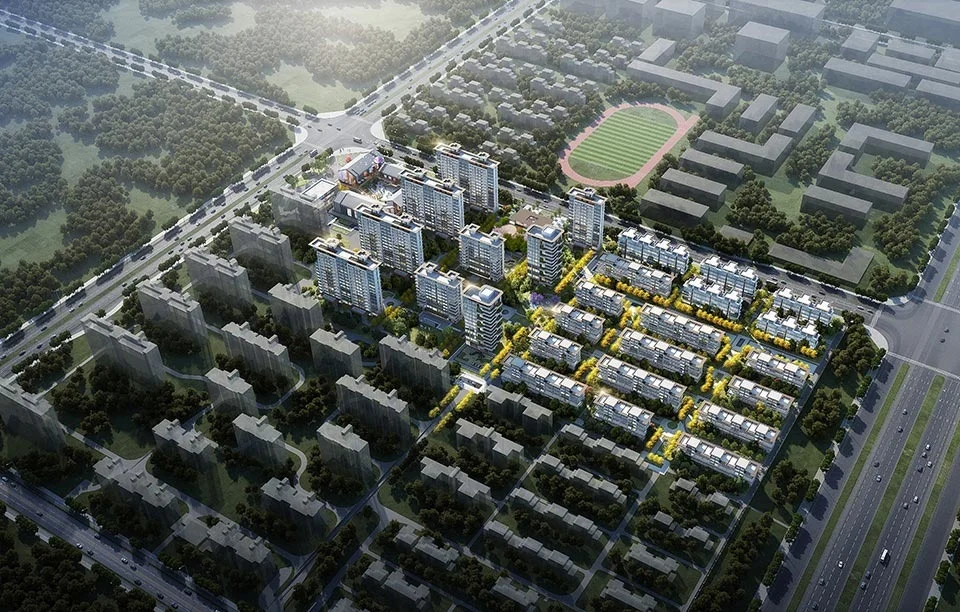 Aerial rendering of a large residential master plan featuring high-rise towers and low-rise blocks around central green courtyards in Xi'an.