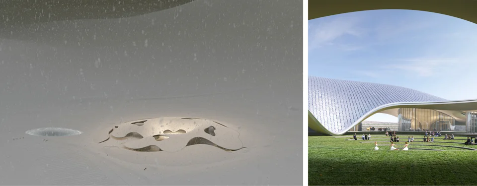 Conceptual rendering and digital collage showing a landscape model with crater-like depressions and an organic curving visitors center.