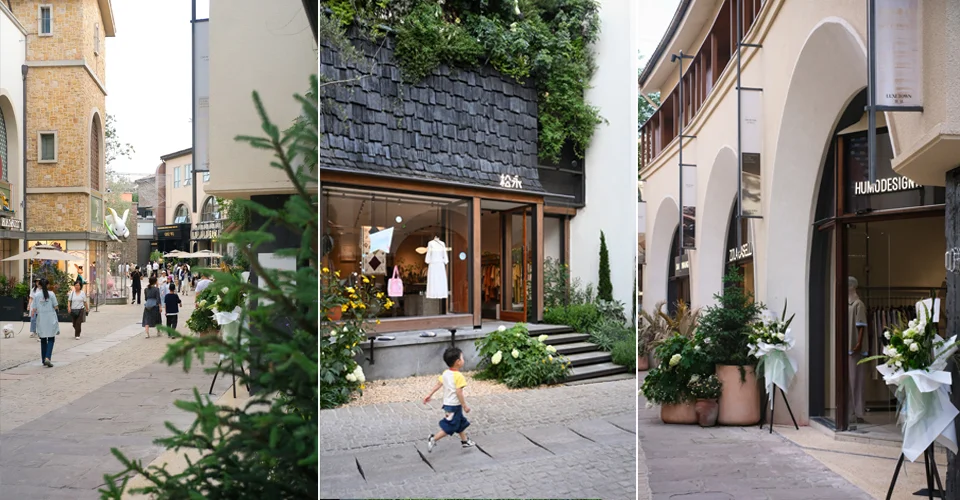 Three-panel image showing an urban streetscape transformation with cobblestone paths, dark shingle facade storefronts, and arched arcade storefronts by TEKTONN ARCHITECTS in Chengdu.