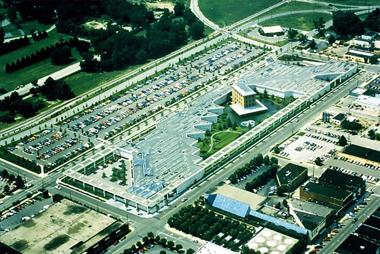 Aerial view of the Cummins Engine Company Headquarters in Columbus, Indiana, designed by Kevin Roche.