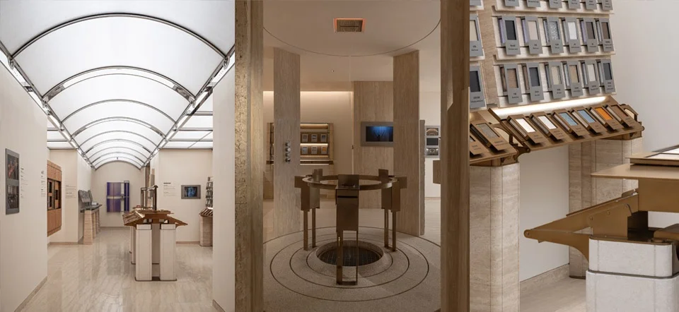 Triptych interior view of Vanke exhibition hall by Some Thoughts featuring vaulted translucent ceiling and travertine display fixtures.