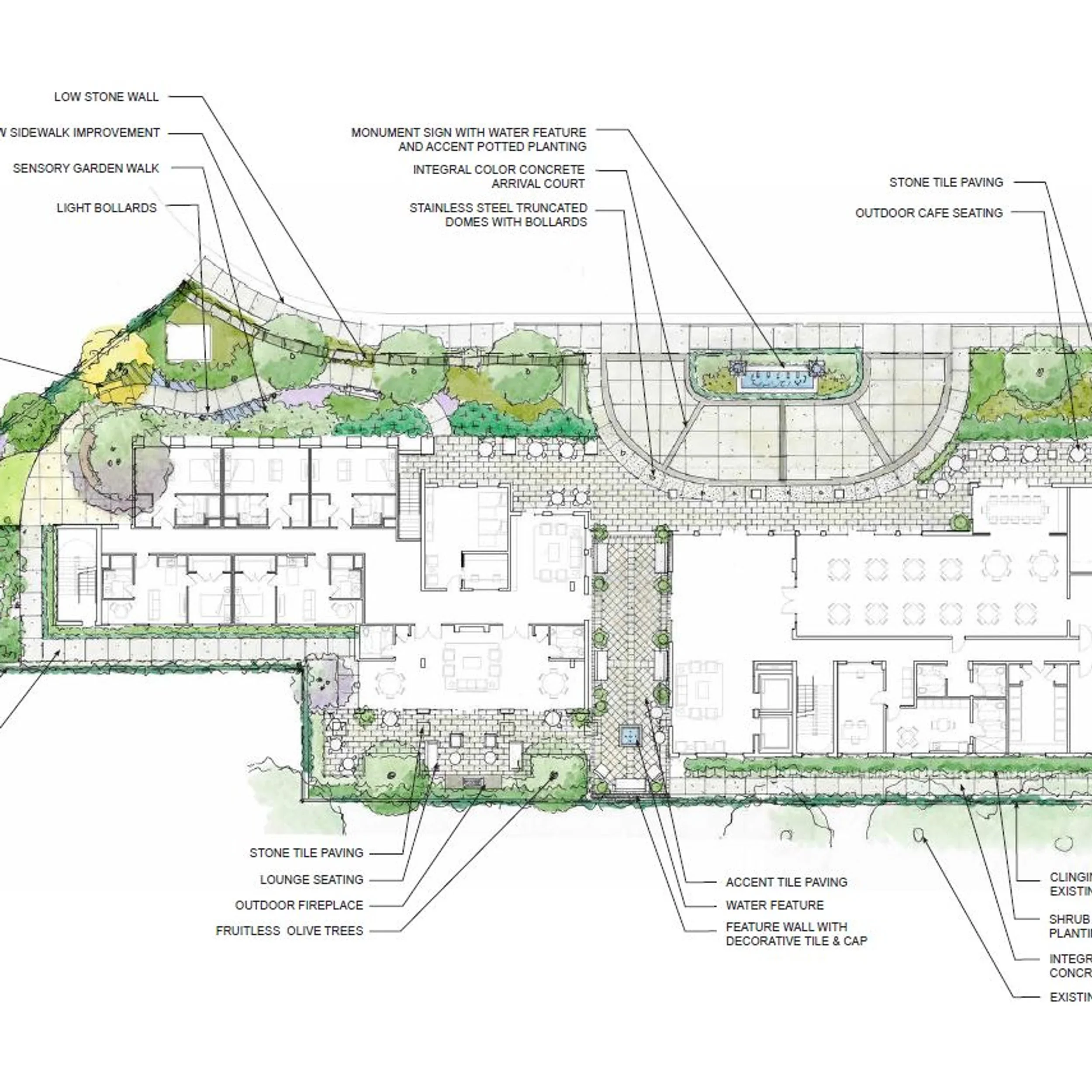 Site plan and landscape diagram by Andmore Partners showing arrival court, stone paving, and sensory garden walk.