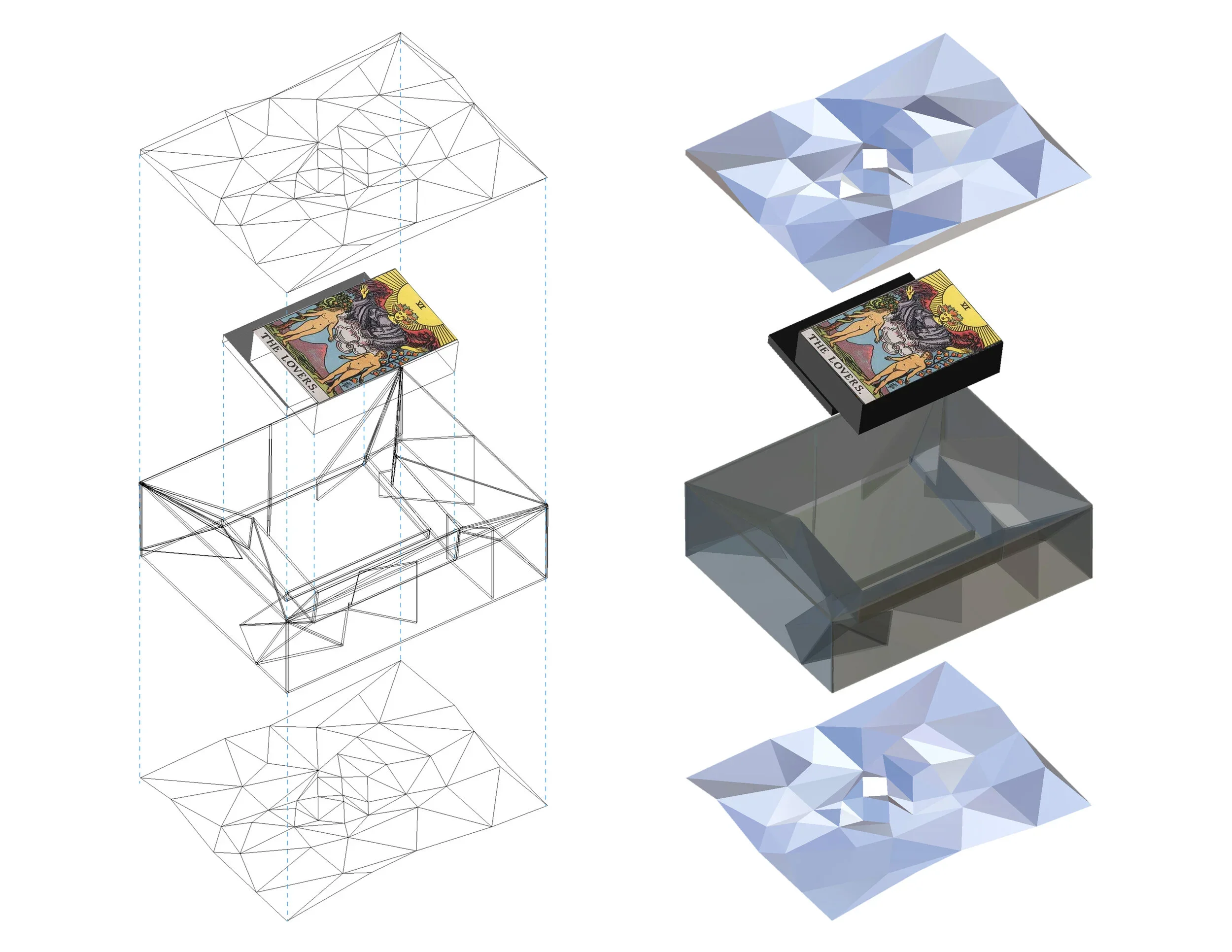 Axonometric exploded diagram by studioMDA showing a multi-layered faceted terrain enclosing a tarot card.