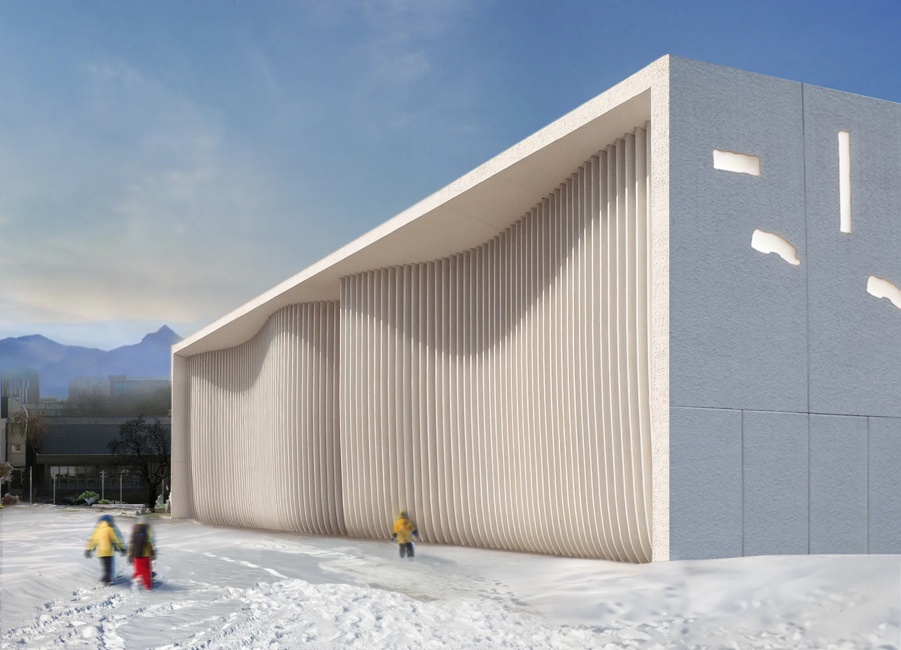 Exterior facade of Tselinnyi Centre in Almaty by Asif Khan Studio featuring undulating vertical louvers and irregular carved apertures in concrete.