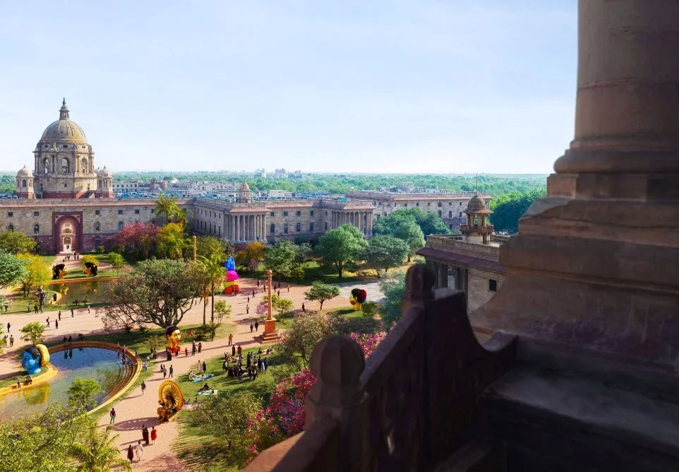 Elevated view overlooking a grand governmental master plan with formal lawns, monumental classical buildings, and colorful contemporary public art.