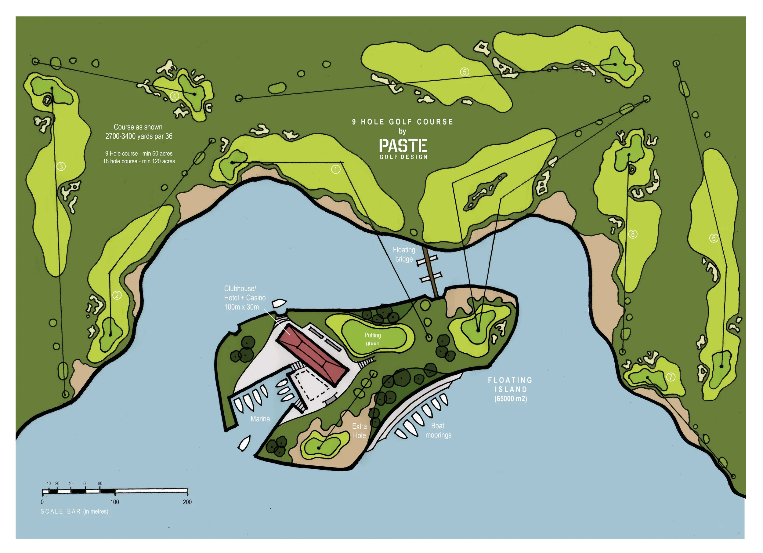 Master plan drawing by Baca Architects showing a 9-hole golf course layout integrated with a floating island containing a clubhouse and marina.