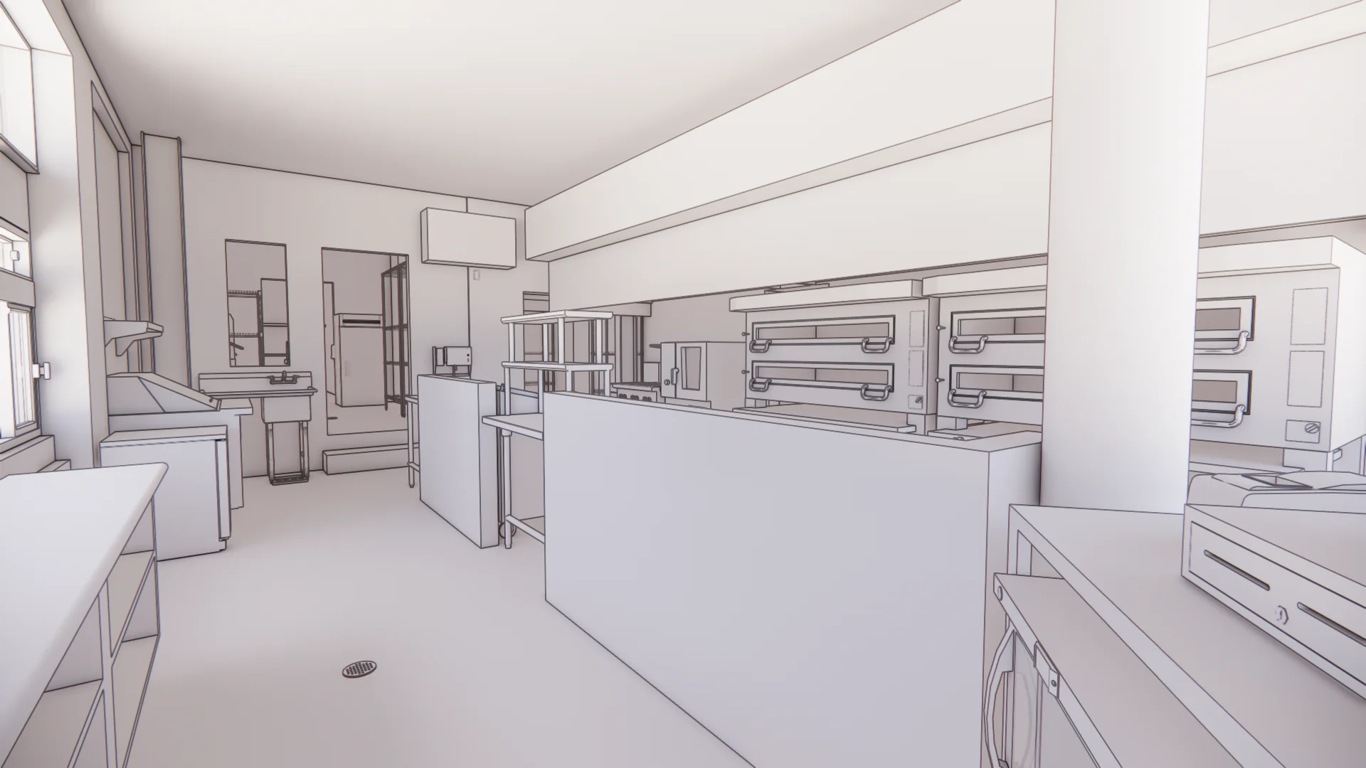Perspective line drawing of a commercial kitchen space by Evan Raabe Architecture Studio.