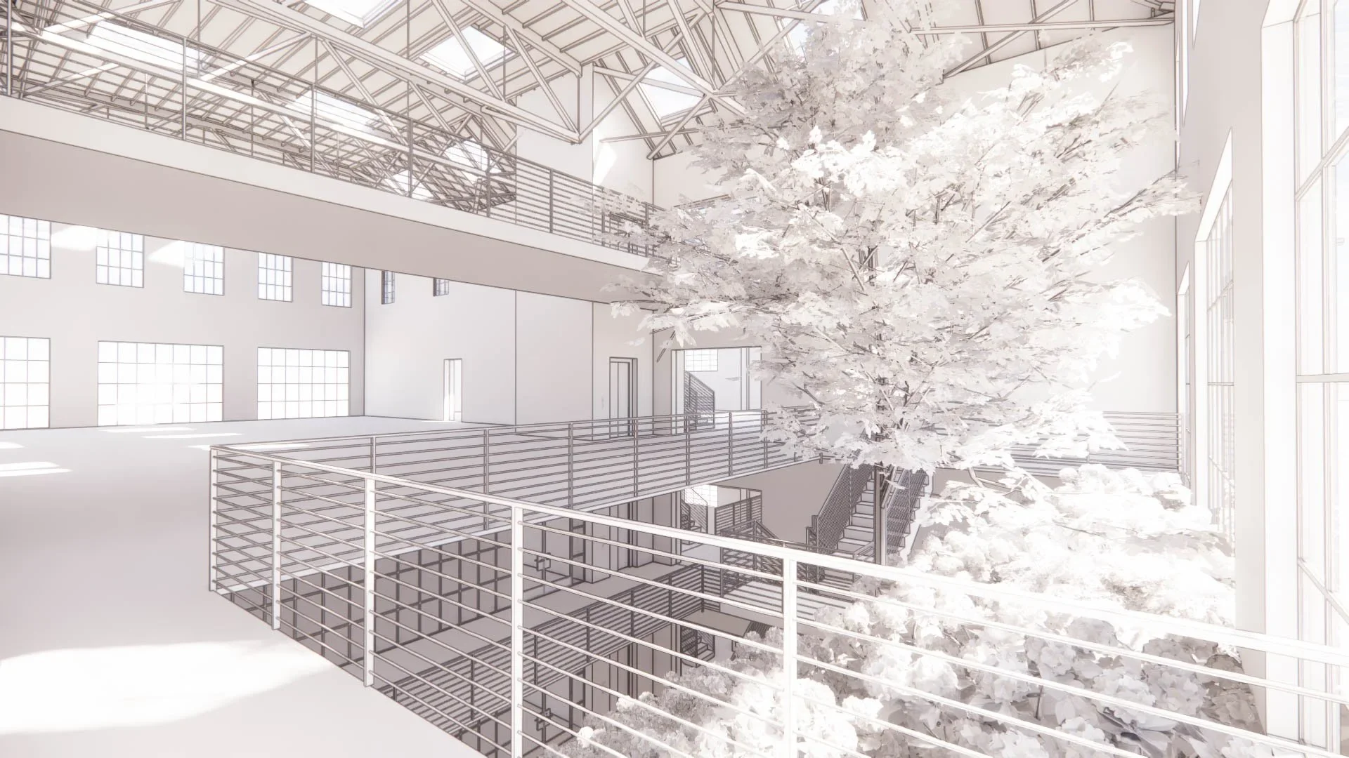 Monochromatic architectural interior wireframe rendering of a multi-level industrial atrium by Evan Raabe Architecture Studio.