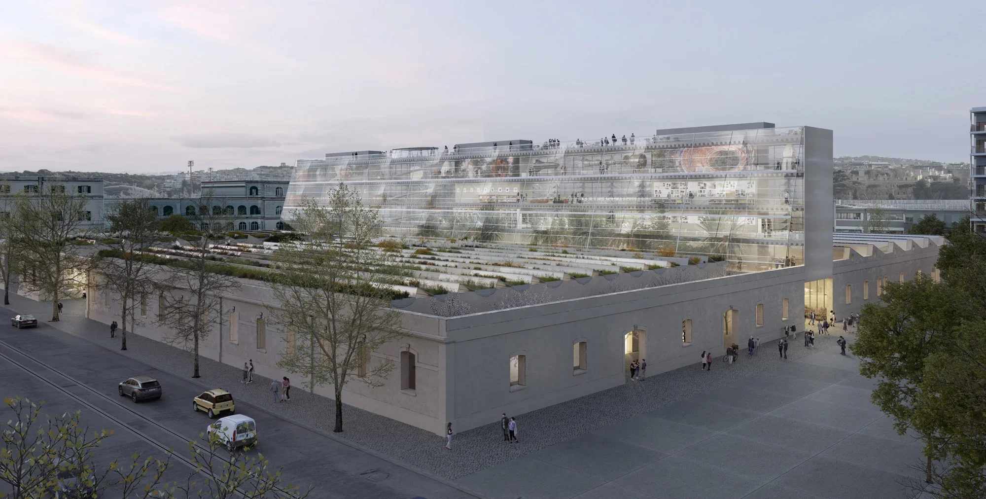 Architectural rendering of Museo della Scienza by Andrea Caputo Architecture Office in Rome, featuring a translucent glazed volume over an existing base.