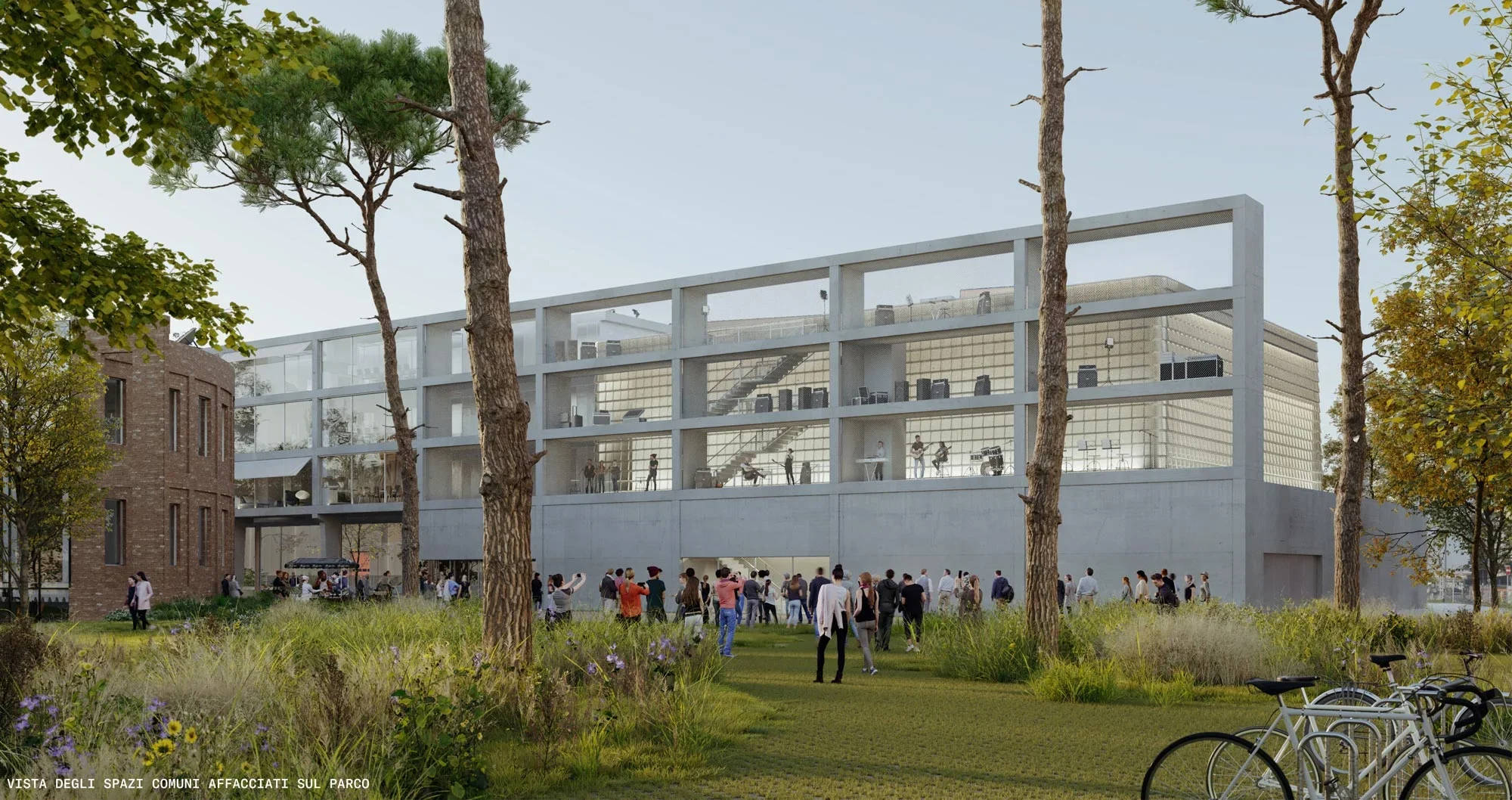 Exterior perspective of a multi-story concrete frame public music building set in a park by Andrea Caputo Architecture Office.