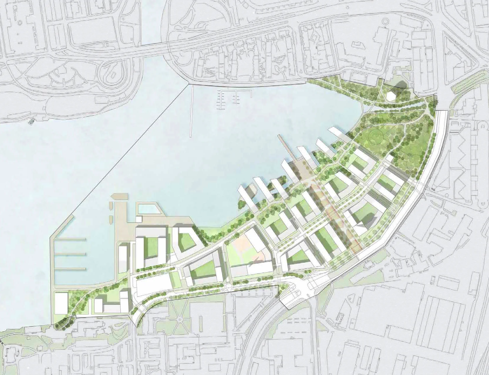 Master plan drawing showing waterfront urban development by Jas Bhalla Works.