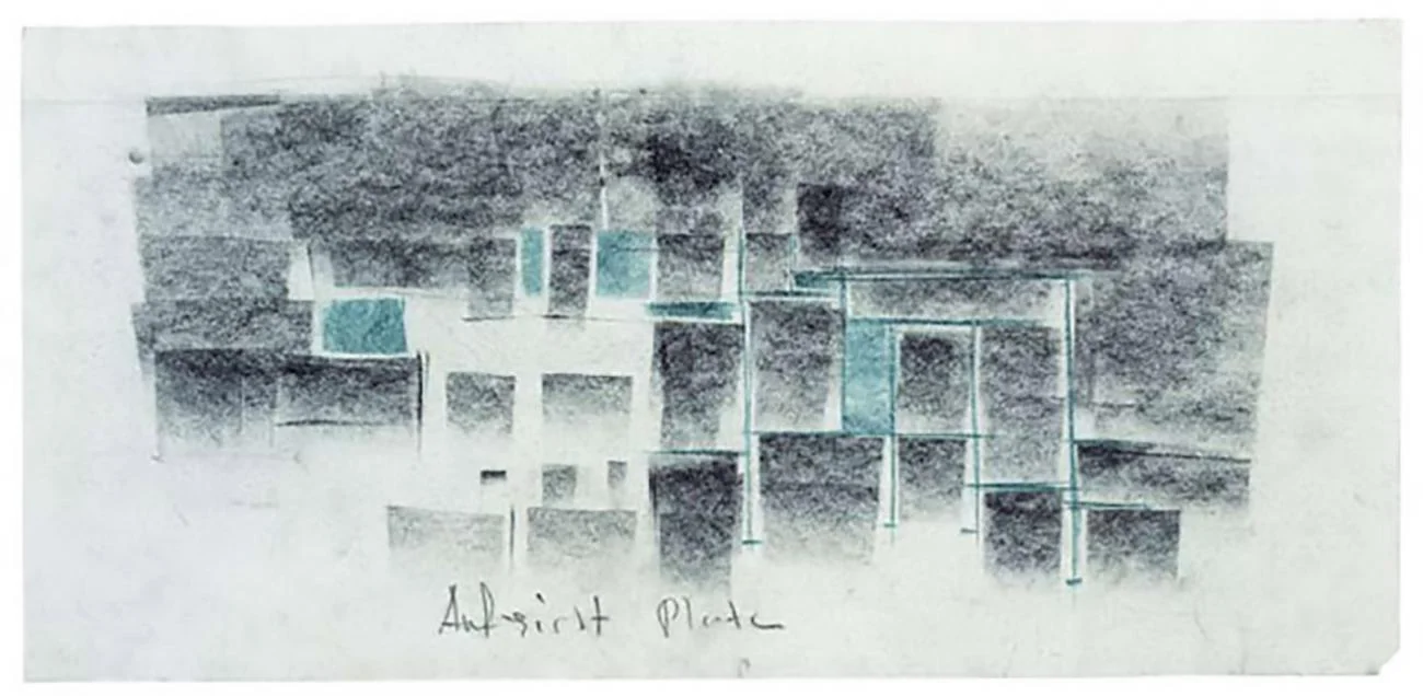 Conceptual charcoal and blue pencil sketch of interlocking blocks for Thermal Bath Vals by Peter Zumthor.