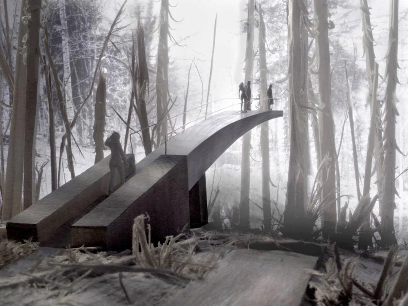 A physical wooden model of a curved, cantilevered forest platform with scale figures by Peter Zumthor.