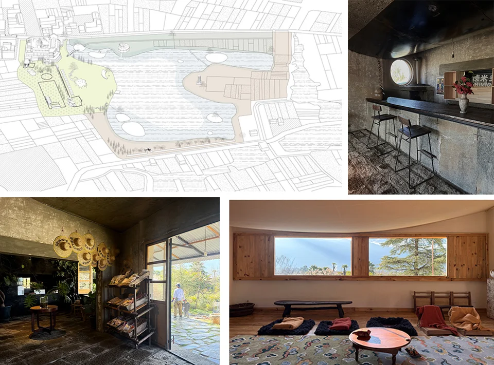 Composite drawing and photo sheet showing a master plan site diagram alongside three interior and landscape views of 6.Chaimiduo Farm by Zhuxiang Architecture.