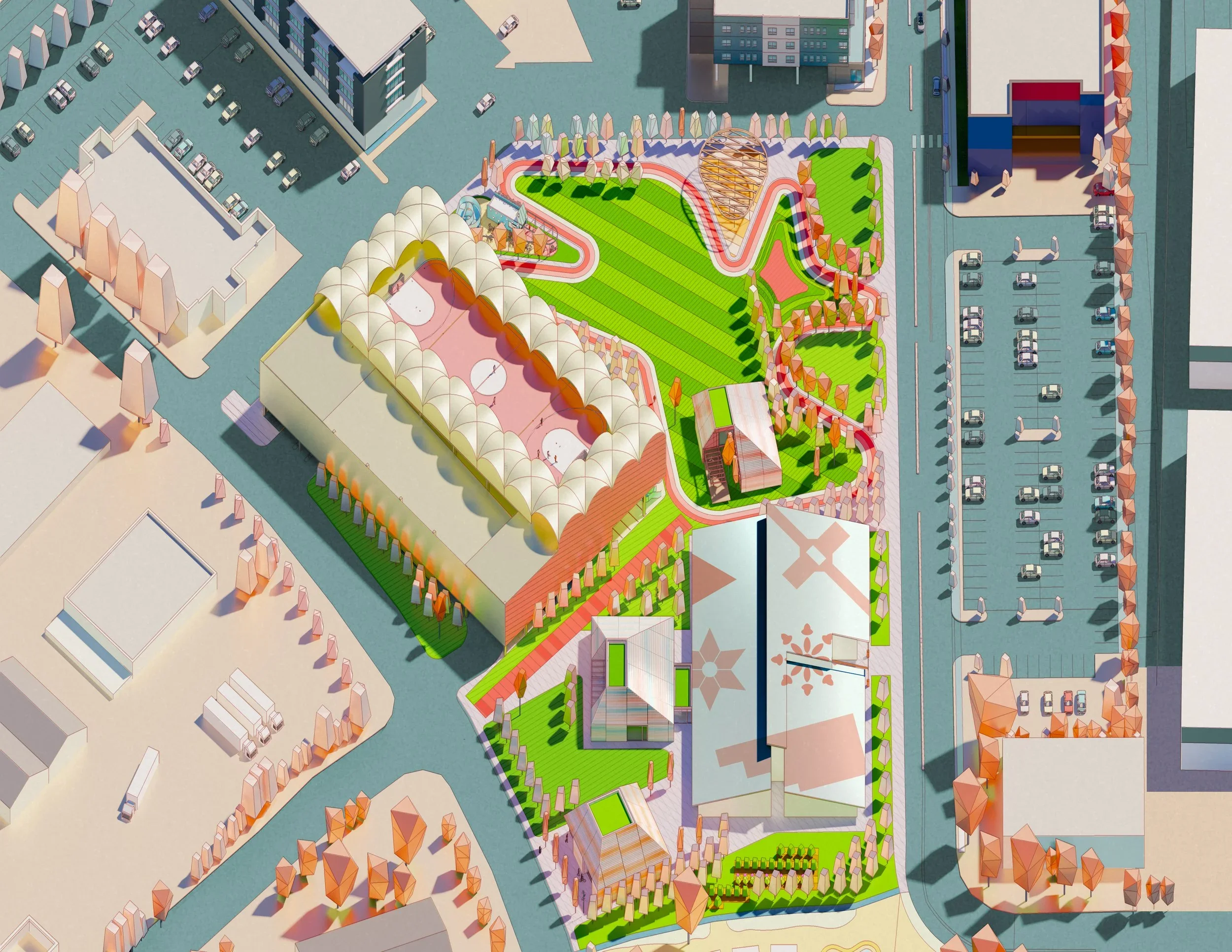 Aerial axonometric physical or digital model of an urban block with a barrel-vaulted sports hall and green park by UltraBarrio.