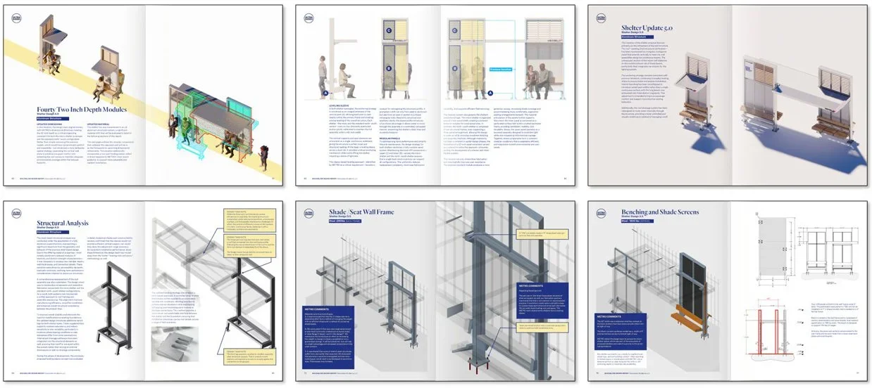 Spreads of architectural presentation boards by UltraBarrio showing bus stop prototypes with isometric modules, structural analysis, and technical details.