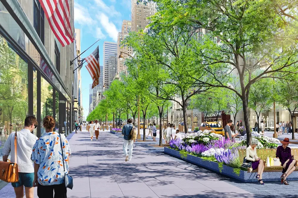 Rendering by Field Operations showing a pedestrianized urban avenue with tree planters and seating.