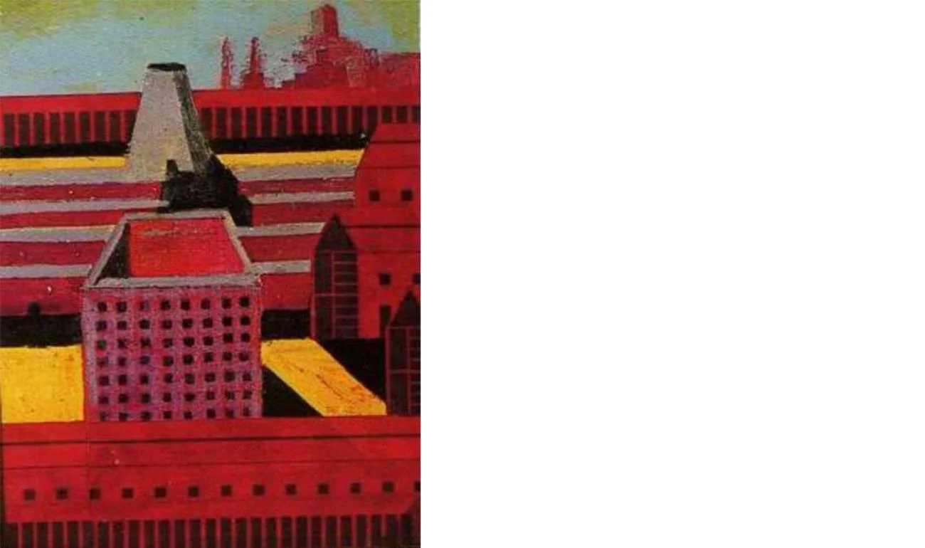 Metaphysical architectural drawing of San Cataldo Cemetery by Aldo Rossi, featuring red geometric structures.