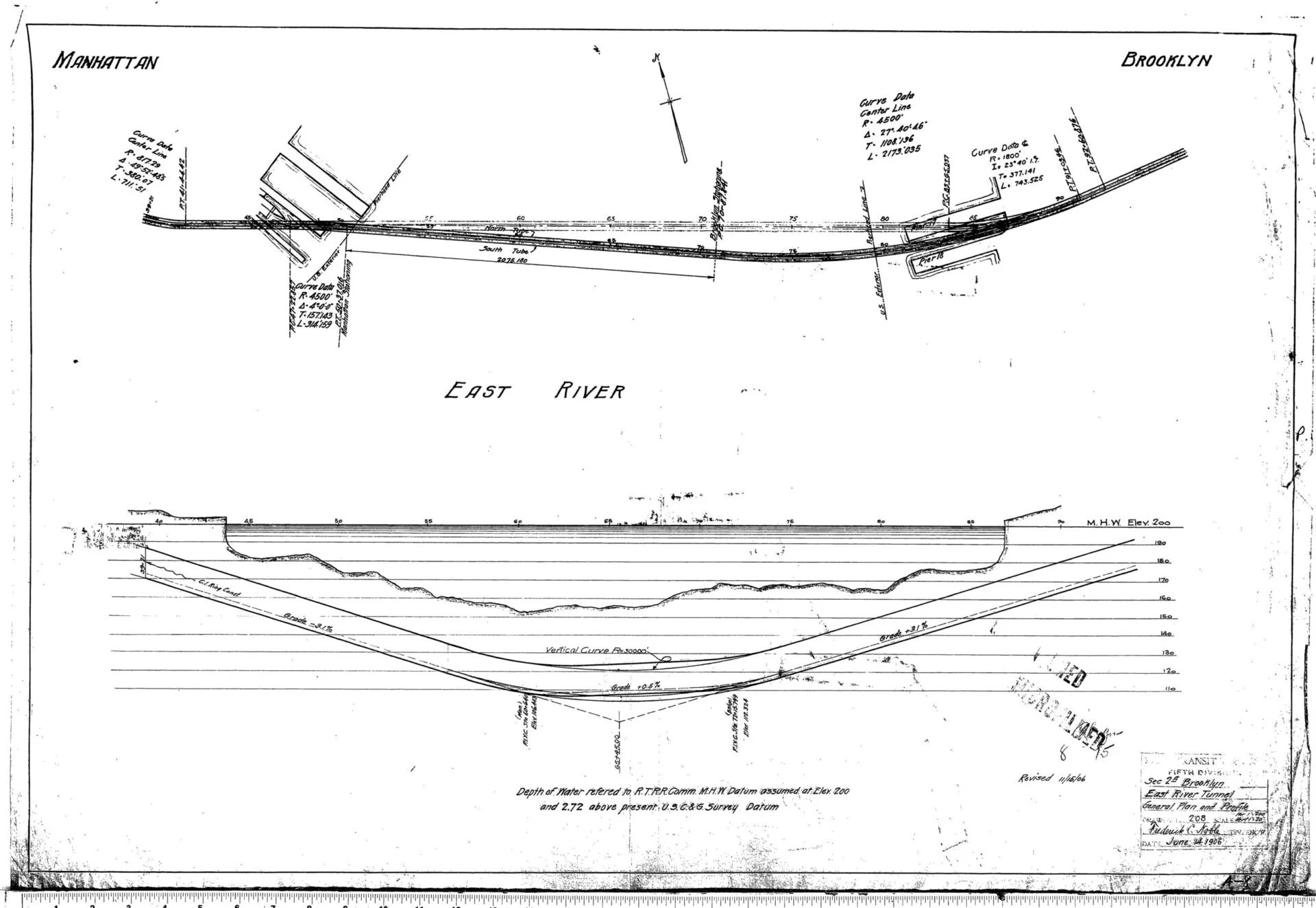 Historical engineering drawing showing a general plan and profile of an East River tunnel crossing between Manhattan and Brooklyn.