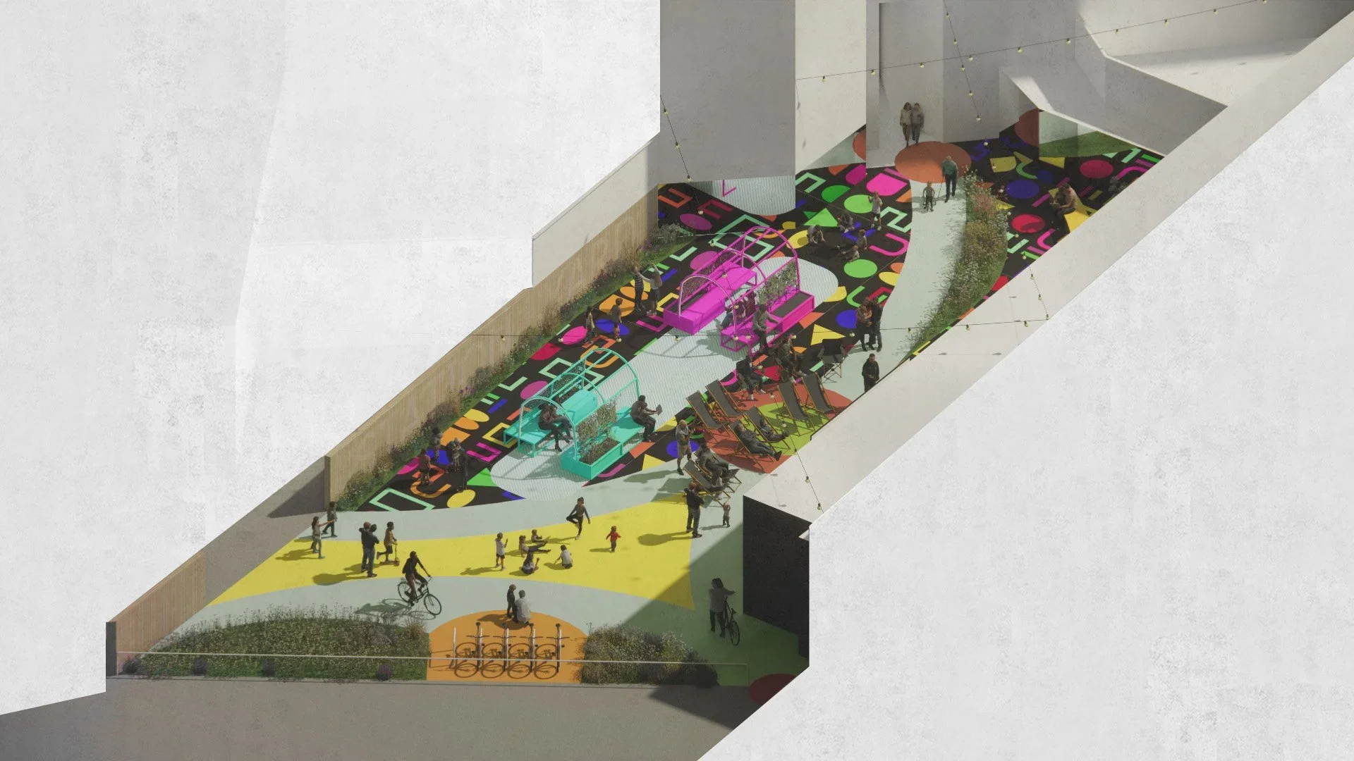 Axonometric rendering by DO+CO for Morden Moments showing a brightly colored pedestrian pocket park with patterned ground and seating structures.