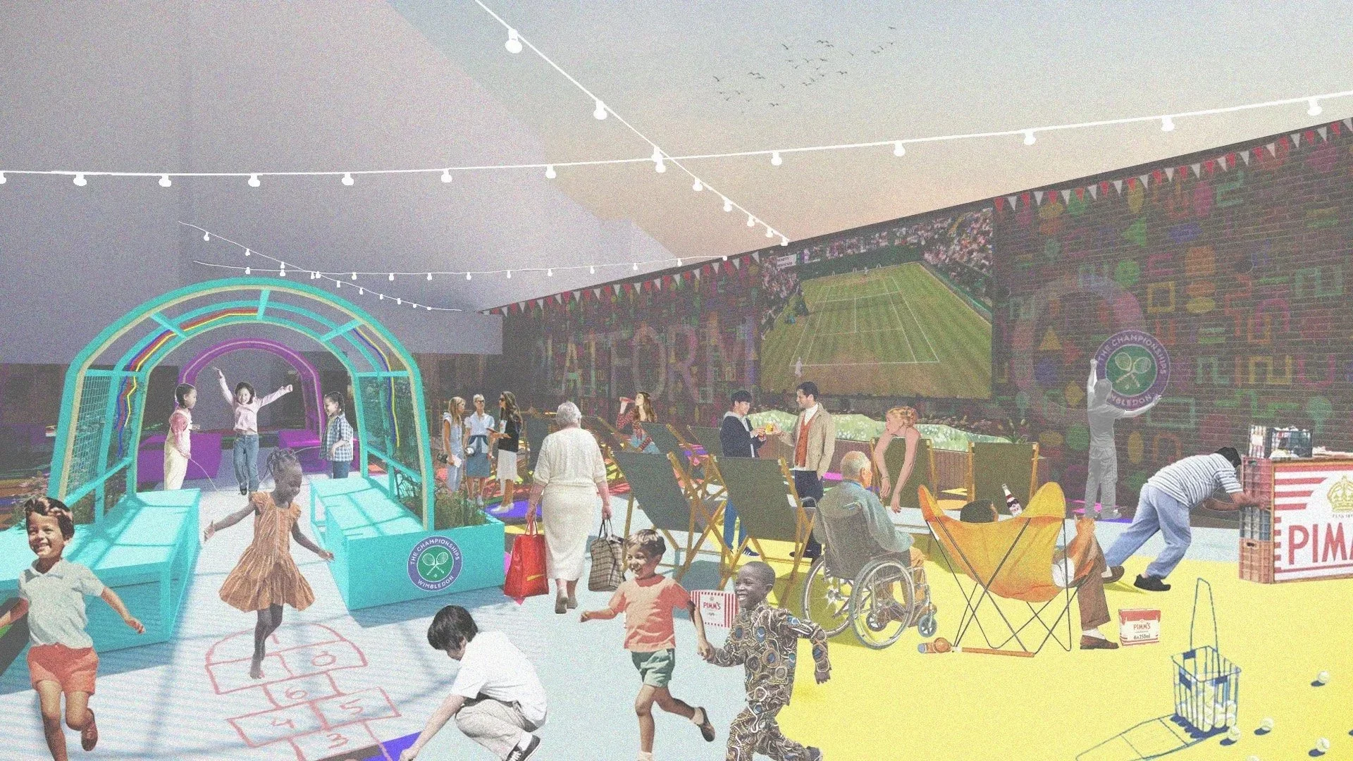 Collaged conceptual drawing of a public festival space with string lights, deck chairs, and bright play zones by DO+CO for the LFA Competition.