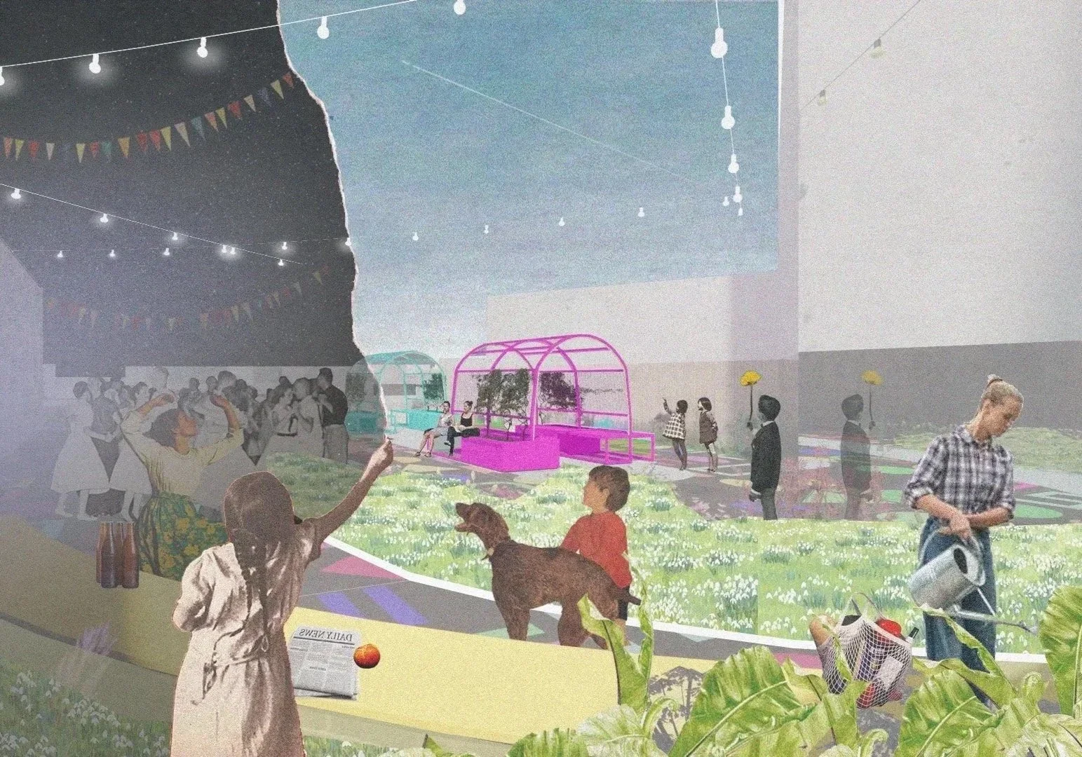 Mixed-media collage rendering of a public square with figures, string lights, and pink frame structures by DO+CO for the LFA Competition.