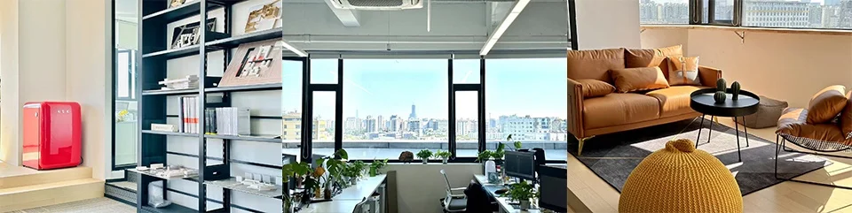 Three-panel interior collage showing a bright office shelving unit, workspace with urban view, and a warm lounge area by 趣锐建筑 in Shanghai.