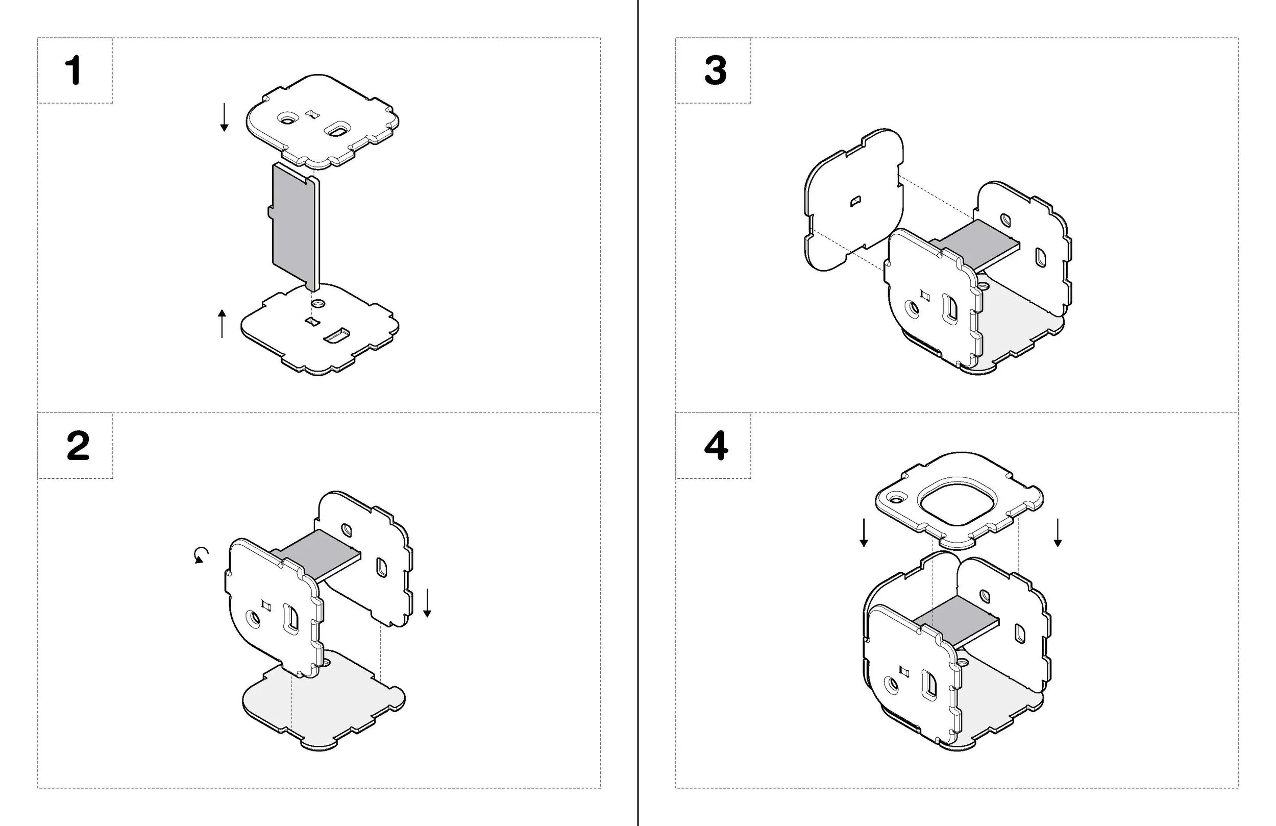 Four-step axonometric assembly diagram showing interlocking flat-pack wooden module construction by Ten To One.