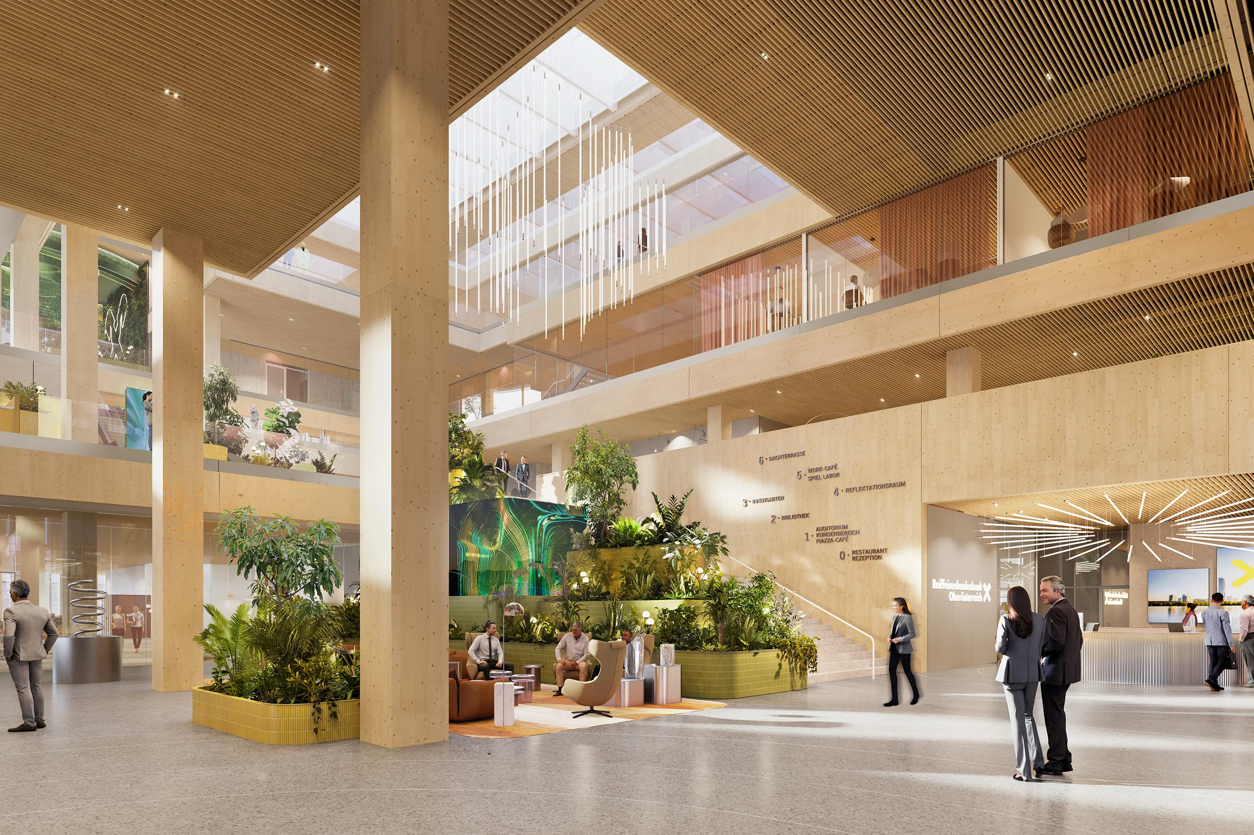 Multi-level timber atrium with central skylight, indoor planting, and glazed balconies by HofmanDujardin.