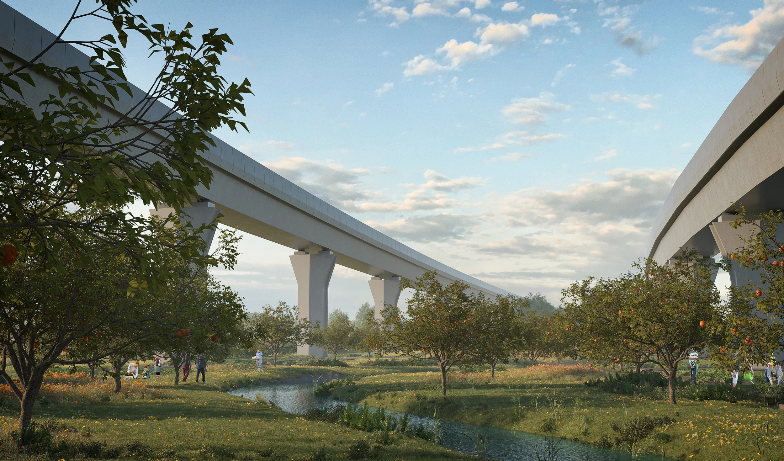 Rendering by WW+P of elevated viaduct beams sweeping over an orchard landscape with a meandering stream.