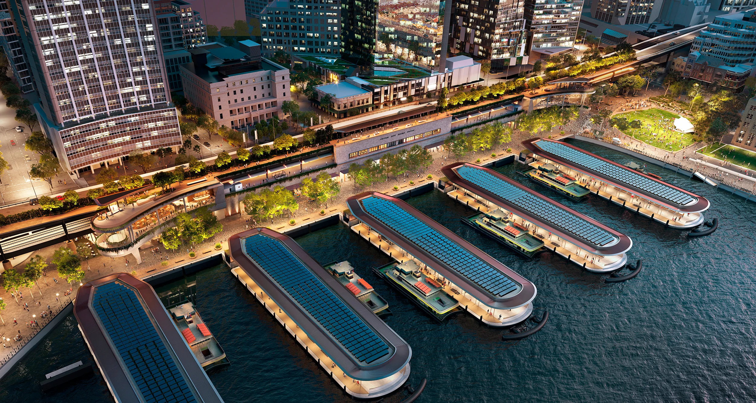 Aerial evening view of Circular Quay ferry terminals and waterfront promenade renewal by WW+P.