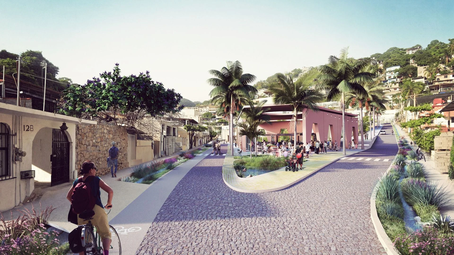 Rendering by WW+P of a revitalized tropical streetscape featuring cobblestone roads, landscaped medians, and a pink pavilion structure.