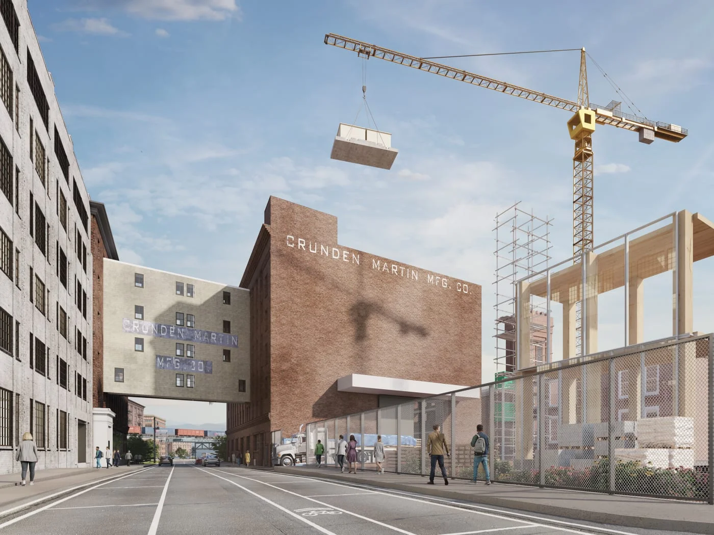 Rendering by El Dorado showing an urban streetscape with historic brick and concrete industrial buildings, a skybridge, and active construction with a crane.