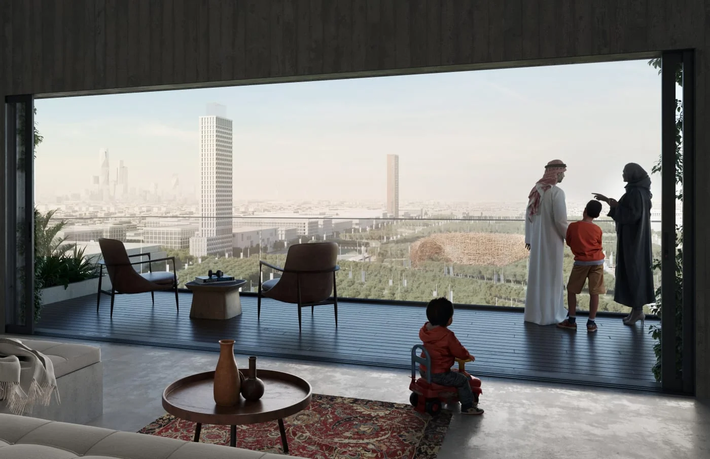 Interior living space looking out onto a wide balcony framing an expansive urban skyline view by El Dorado.