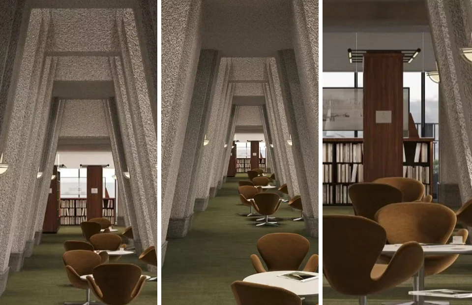 Interior perspective of a collegiate library reading lounge featuring heavy bush-hammered concrete piers and swivel armchairs by LiangArch.
