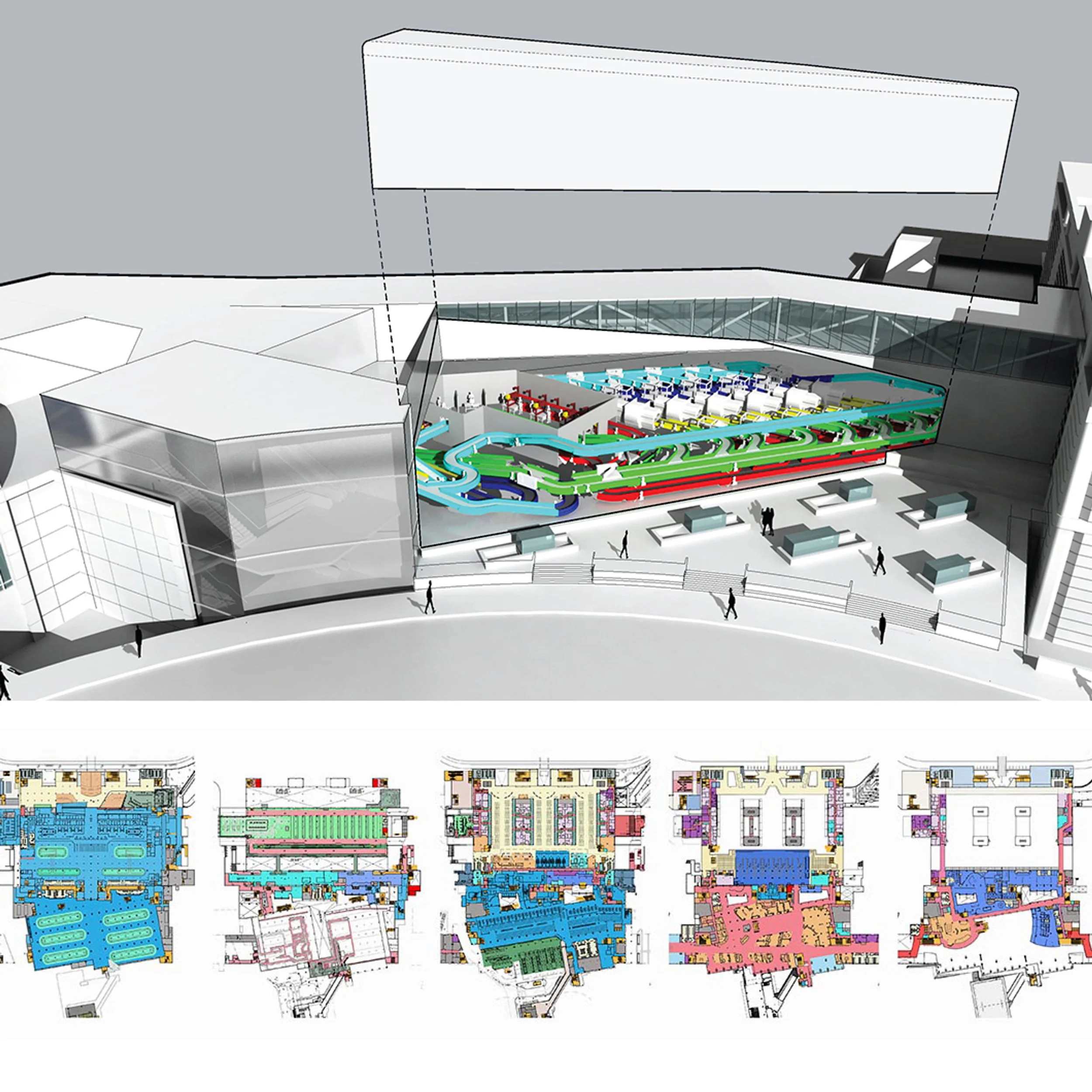 Axonometric architectural diagram by Rivers & Christian showing exploded volume above stacked floor plans.