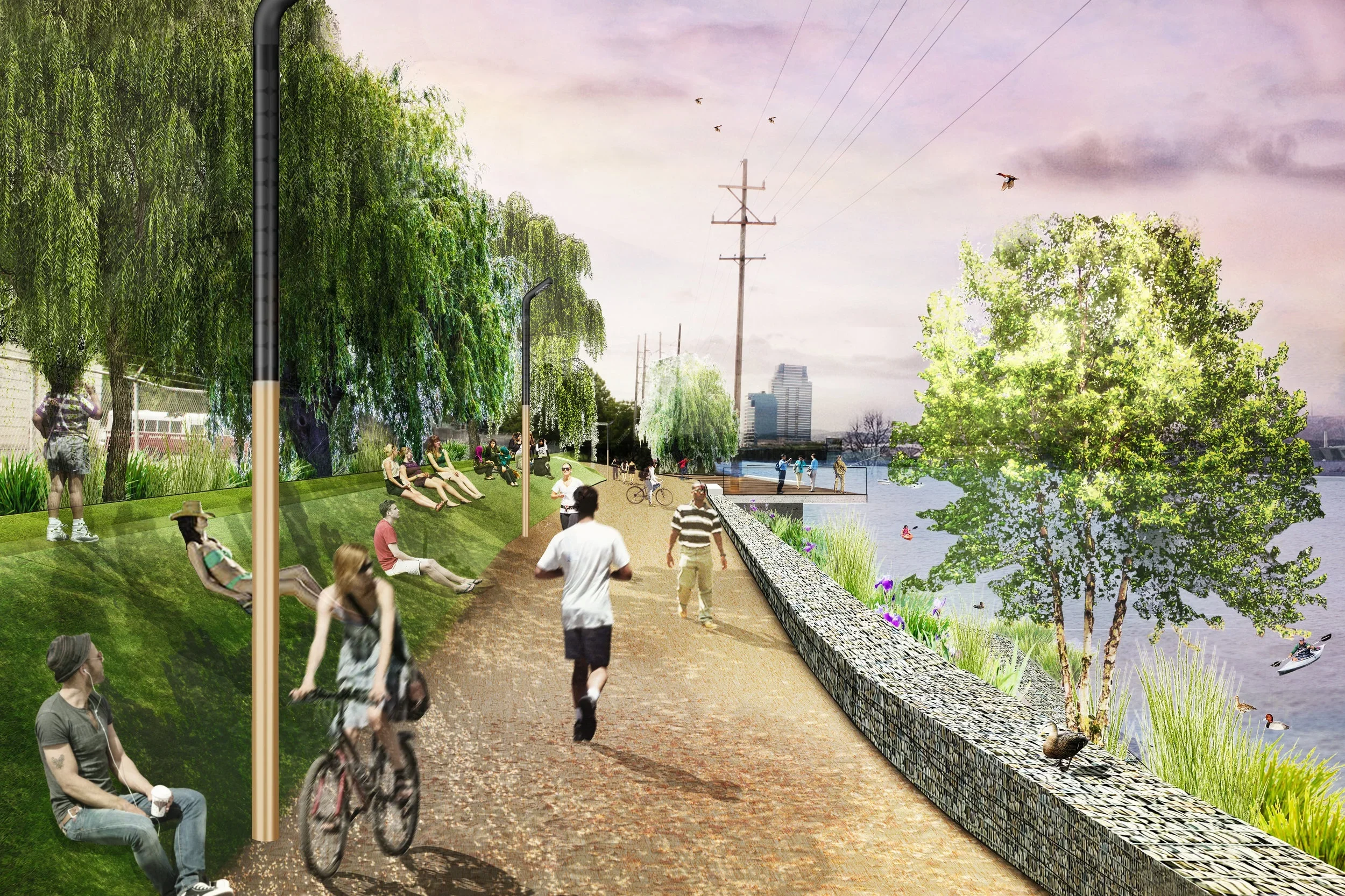 Rendering by Stoss Landscape Urbanism of a riverfront park with a sloped lawn, crushed stone path, gabion retaining wall, and recreational users.