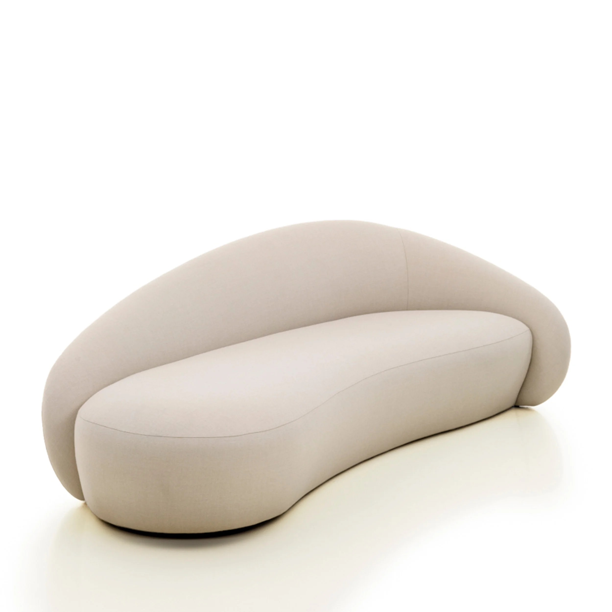 Curved beige upholstered sofa by Van Thiel and Co. against a white background.