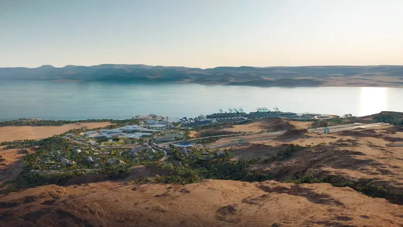 Aerial rendering showing a coastal master plan with domes and infrastructure integrated into an arid landscape by Bjarke Ingels Group.