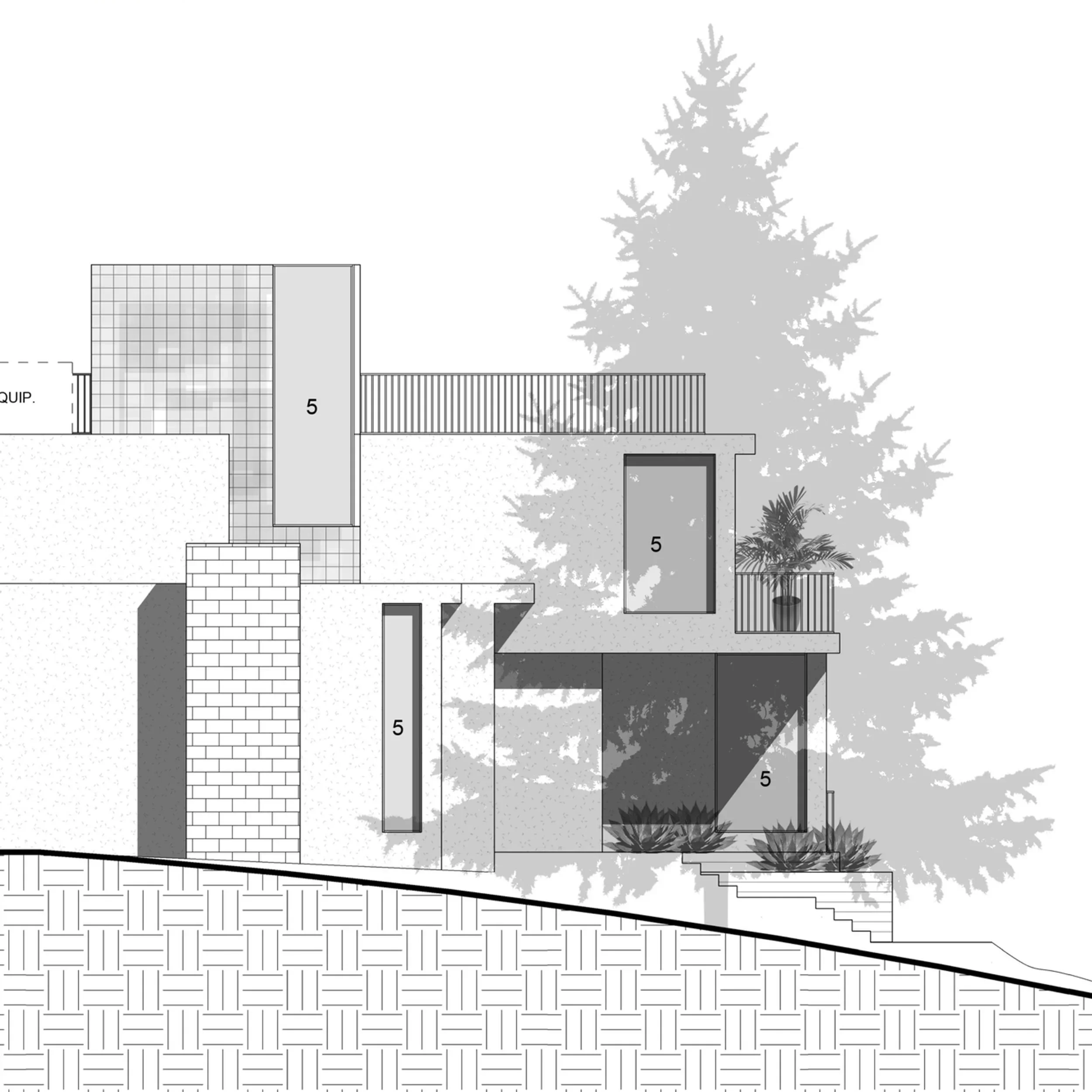 Elevation drawing of Midvale Ave. residence by Albert Group Architects showing stepped massing, sloped site, and labeled openings.