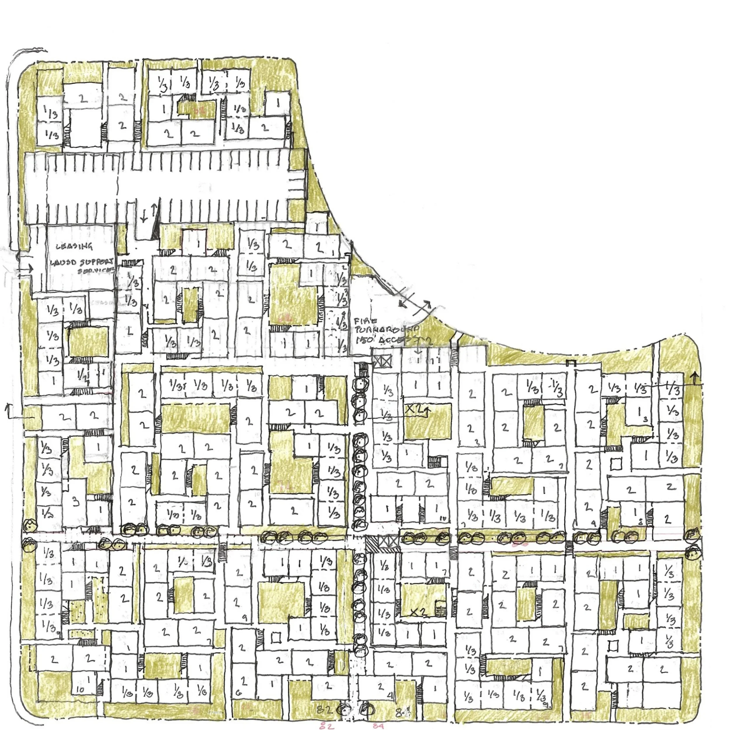 Hand-drawn site plan and apartment layout diagram by Albert Group Architects for 5717 Rudnick Ave.