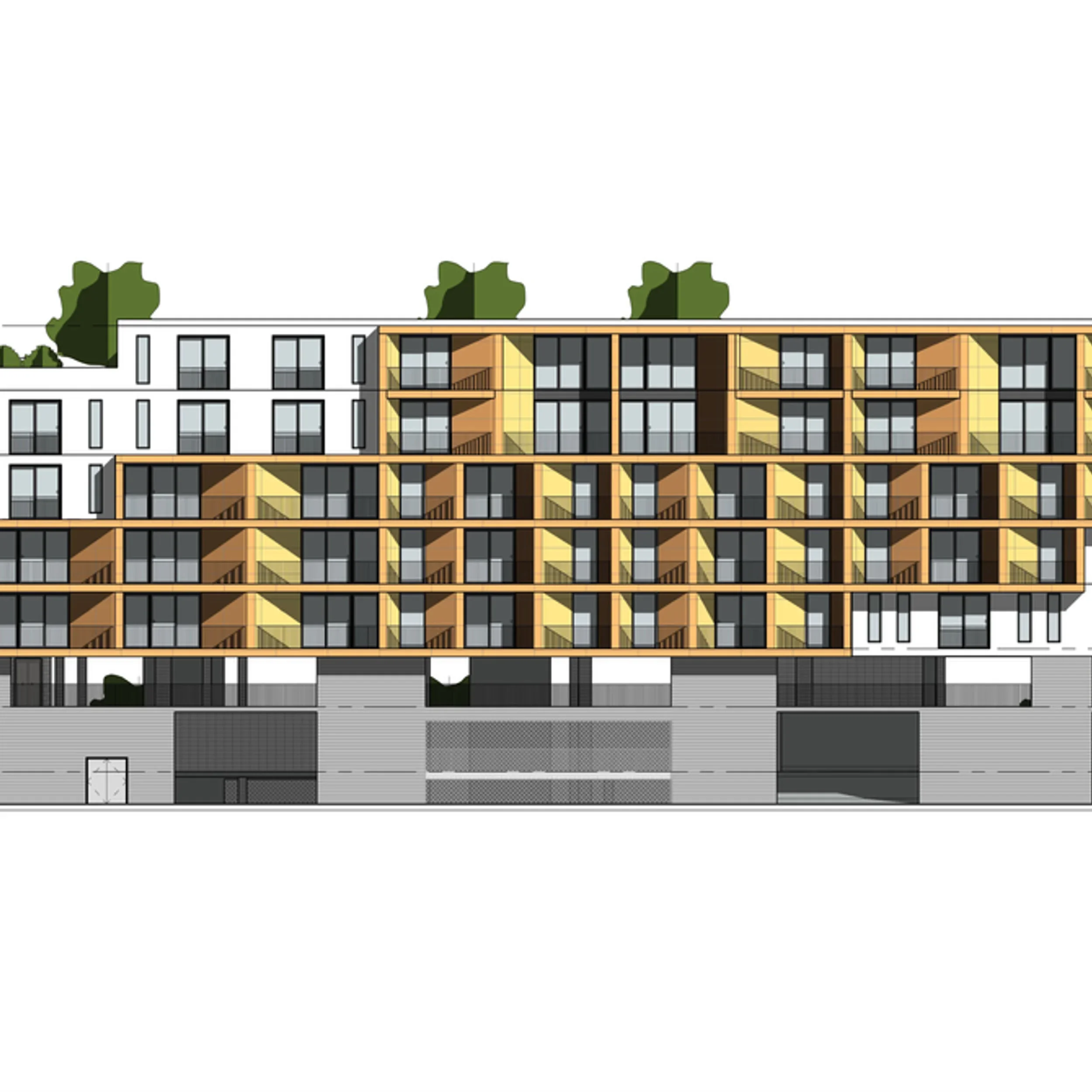 Architectural elevation drawing of 801 H St. apartments by Albert Group Architects showing multi-story balconies and ground floor base.