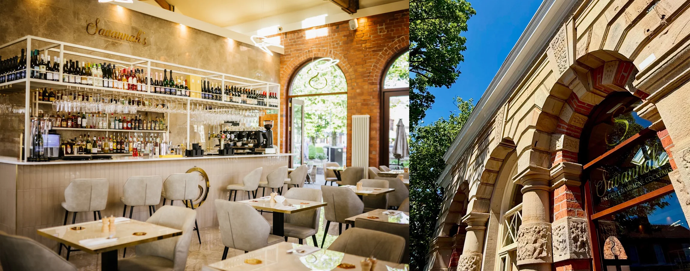 Interior bar and exterior facade of Savannah's of Lytham by Creative SPARC Architects, featuring exposed brick arches and a white metal bottle shelving unit.