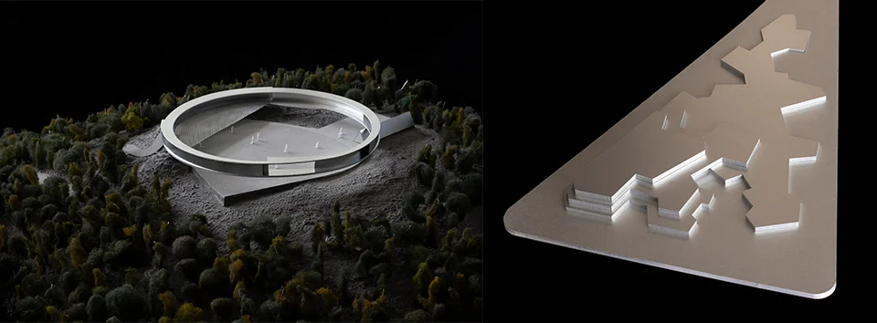 Physical architectural models showing a circular ring pavilion in a forest site and a metallic stepped topography diagram by Yanfei Architects.